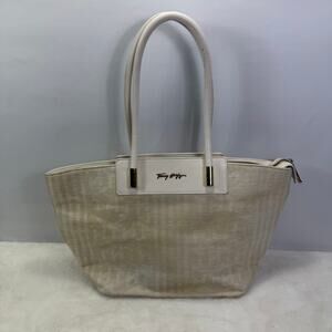 Tommy Hilfiger Monogram Canvas Tote Bag Tan Beige Leather Strap Shoulder